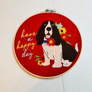 The Pioneer Woman Stitched Wall Art "Have A Happy Day" Dog Flowers Basset Hound